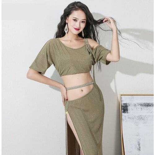 Bellydance lce Silke Off-shoulder Belly Dance Placketing Paillette Skirt 2pcs Set for Women Performance Wears Costumes ZM324