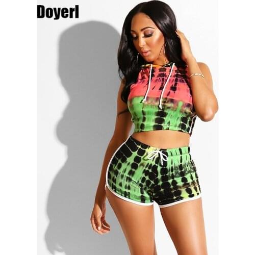Women Casual Two Piece Set Tracksuit Hoodie Tie Dye Crop Top Shorts Set Sweat Suit Summer Clothes for Women 2 Piece Matching Set