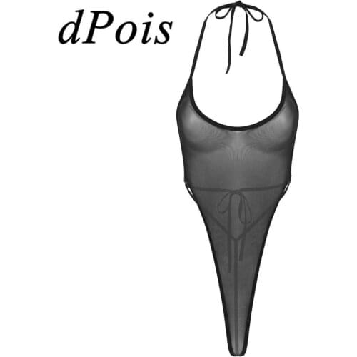 Womens Sexy One-piece See Through Sheer Mesh Lingerie Halter Neck Sleeveless Strappy Backless High-cut Thong Leotard Bodysuit