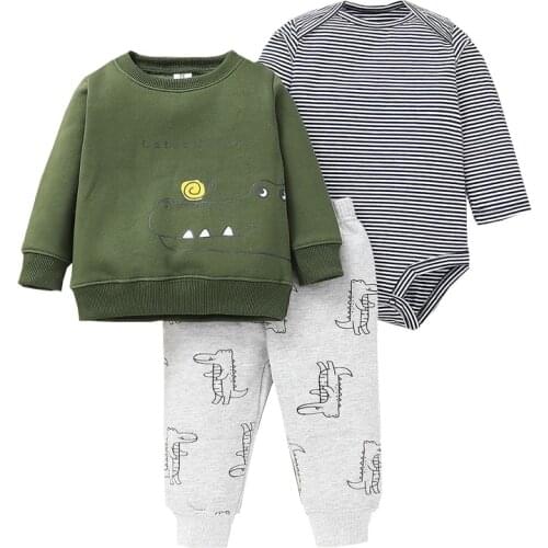 Infant Baby Suit 2021 Winter Newborn Boys Bodysuits T-Shirt Tops Pants 3Pcs Sets Warm Cotton Clothing