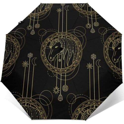 Sunny Umbrella Gold Unicorn And Geometric Automatic folding portable men women umbrella Sunscreen rain Windproof beach parasol