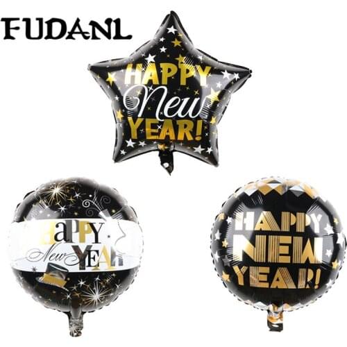 10pcs 18inch Black Happy New Year 2020 Round Star Foil Balloon Helium Air Balls For Christmas Party Shower Decor Globos Supplies