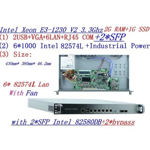 1U Firewall Intel Quad Core Xeon E3-1230 V2 3.3G with 8 Ports 6*1000M 82574L Gigabit Nic 2* SFP 2G RAM 1G CF