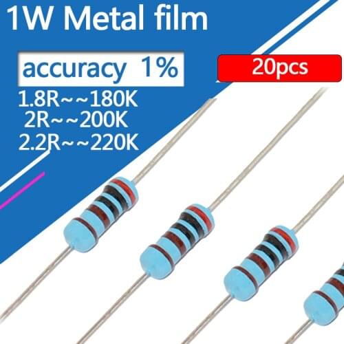 1W Metal film resistor five-color ring 1.8 2 2.2 18 20 22 180 200 220 R ohm kohm 0.18ohm 0.22ohm resistance 20pcs