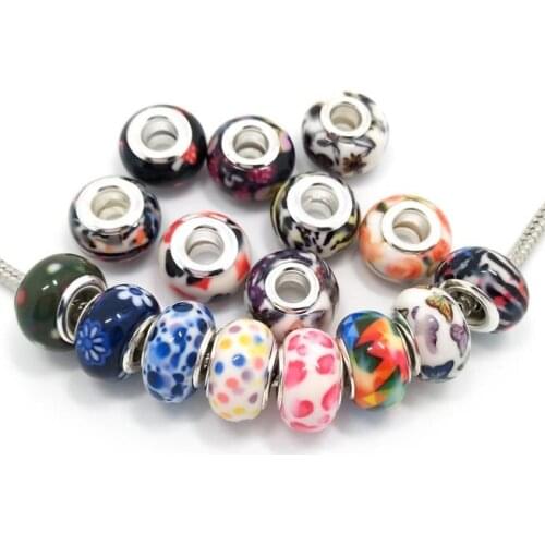 Free shipping 50pcs 9x14mm silver color core big hole mix color and style painting resin beads fit European bracelet DIY