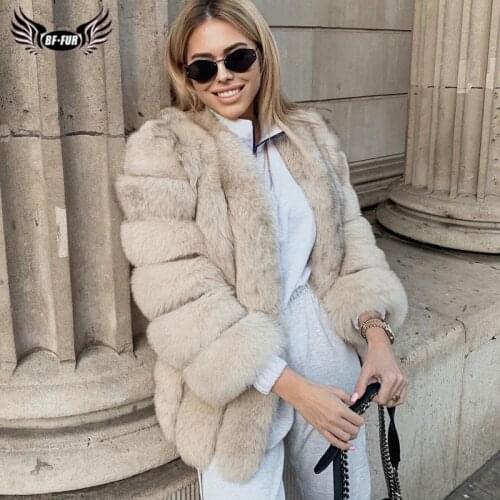BFFUR 2020 Luxury Womens Winter Coats Natural Fur Fashion Blue Fox Fur Coats For Women Real Arctic Fox Thick Warm Whole Skin