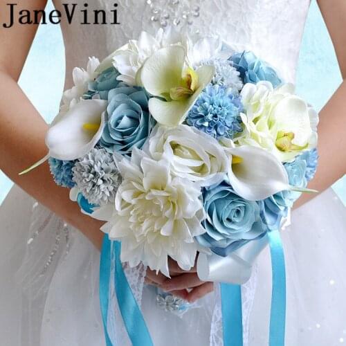 JaneVini Western Blue Bride Bouquet Silk Rose White Calla Lily Orchid Bridal Wedding Bouquets Hand Flower Fleur Mariage 2019