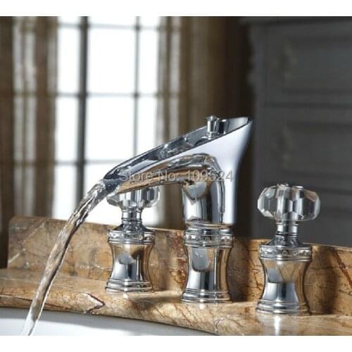 EMS(DHL)Free shipping chrome WIDESPREAD LAVATORY BATHROOM SINK FAUCET crystal handles knobs faucet