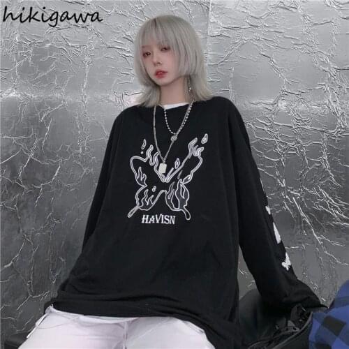 Hikigawa Harajuku Women Tops Streetwear Hip Hop Shirt Casual Letter Print O Neck Long Sleeve Tees Gothic Black Plus Size Tshirts
