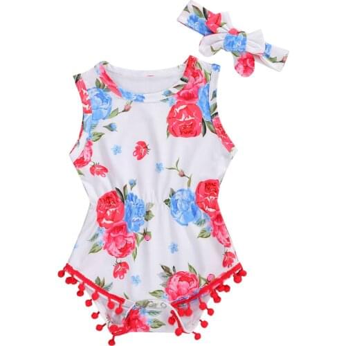 Newborn Baby Girls 2-piece Outfit Set Flower Pattern Sleeveless Pompom Romper and Floral Headband Set Baby Girls Clothing 0-2T