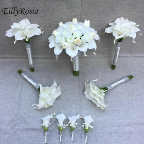 Real Touch Cala Lily Tulip Flower Bride Bridesmaid Bouquet Matched Corsage Boutonniere Holding Flowers Artificial Sequined
