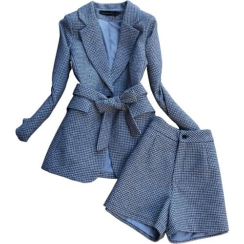 Fashion Plaid suits Womens Spring winter New high quality woolen houndstooth belt suit + wide leg shorts two-piece suit women