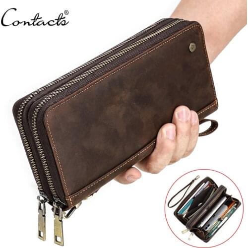 ContactS Genuine Leather Mens Wallet Clutch Bag Card Holder Long Wallets Double Zipper Large Capacity Vintage Male Purses