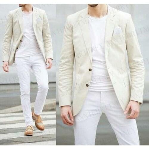 ANNIEBRITNEY Ivory Linen Prom Blazer Men Suits with Pants Prom Wedding Groom Tuxedo Set Costume Homme Mariage Summer Suits 2019