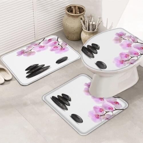 Orchid Black Stone Pink Flower White Bath Mat Set Anti-Slip Carpet Bathroom Cover Toilet Seat Mat Accessories for Toilet