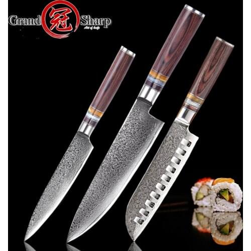 Kitchen Knife Set 3 Pcs Chef Santoku Utility Damascus Knives Japanese vg10 Damascus Stainless Steel Cooking Tools Chef Knives