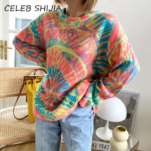 SHIJIA Autumn Winter Boho Woman Sweaters Graffiti O-Neck Full-Sleeve Fashion Knitted Jumper Pullover Female 2020 Knitwear