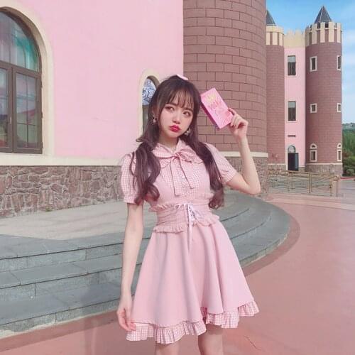 Bobon21 Princess sweet lolita dress sweet girl fake two pieces of stitching bow tie dress Japanese high waistline women D1609