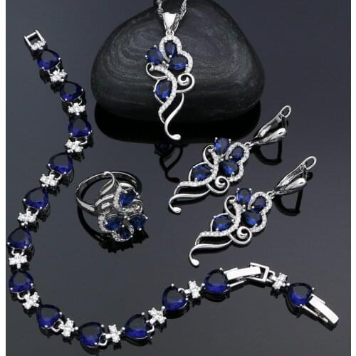 Silver Jewelry Sets For Women Blue Cubic Zirconia 925 Silver Earrings Pendant Ring Bracelet Necklace Set For Party