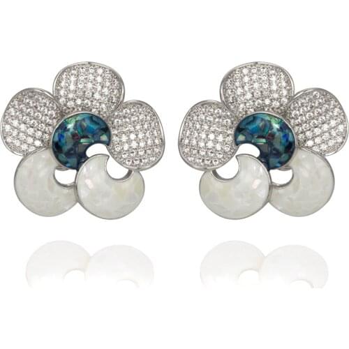 TIRIM Abalone Shell Flower Stud Earrings for Women Charms Elegant Cubic Zirconia Wedding Engagement Jewelry Accessories Banquet