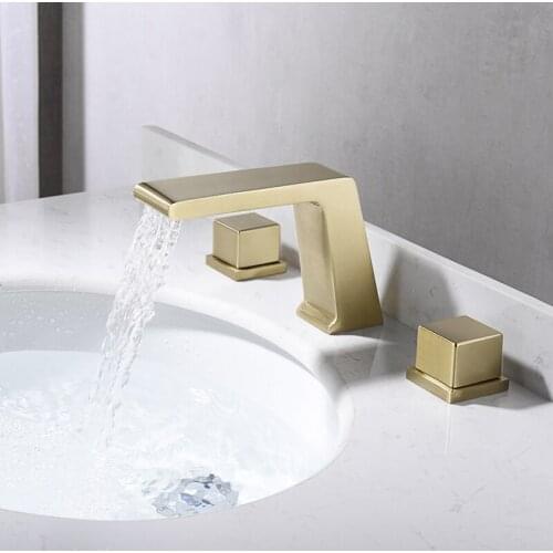 Bathroom Sink Faucet Waterfall Basin Faucet Mixer Brushed Gold Brass 3 Holes Double Handle Bathbasin Tap Hot and Cold Water Taps