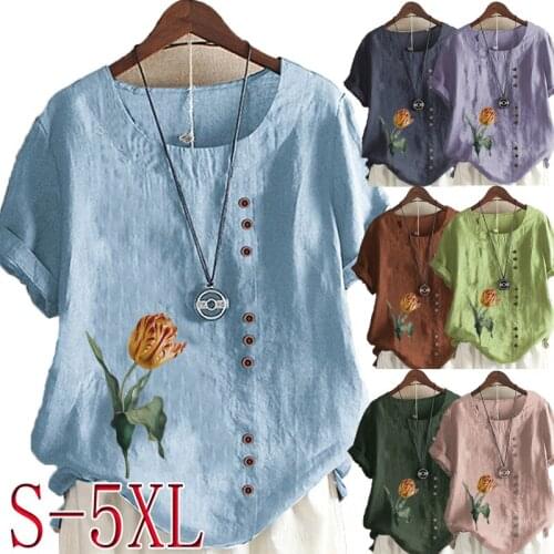 Fashion New Summer Ladies Floral Printed Linen T-shirt Casual Loose Round Neck Short Sleeve Shirt Shirt Plus Size Top S-5XL