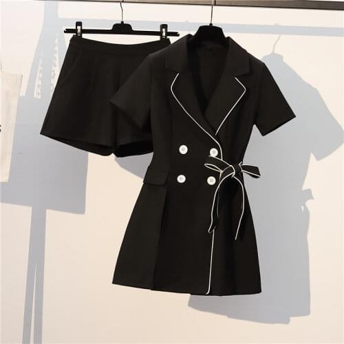 Oversized two pieces women shorts sets 2020 autumn new black turn-down collar button slim coat and wide leg shorts office lady