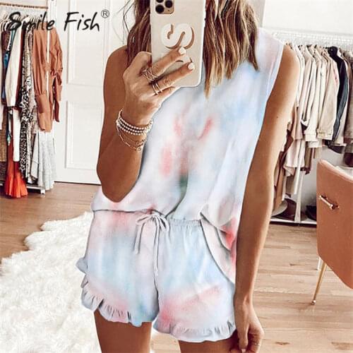 2020 Summer Women Two Piece Set Drawstring Ropa De Mujer Sleepwear Gradient Color Sleeveless Top With Shorts Tracksuit G1642