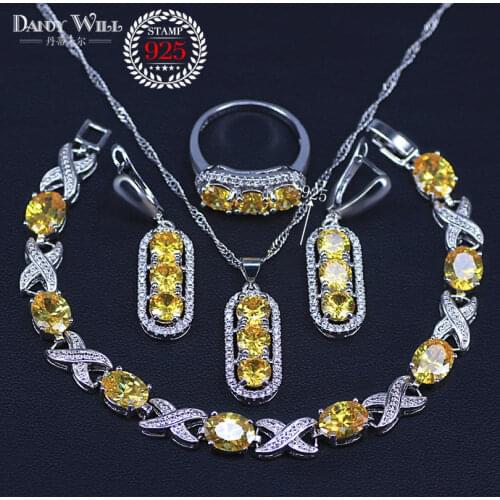 Silver Color Jewelry Sets For Women Sparking Yellow Cubic Zirconia Necklace Pendant Earrings Ring Bracelet Free Gift Box