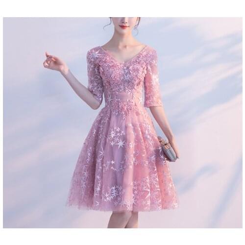 Spring Summer New Girls Short Pink Party Dresses A line Half Sleeve Appliques Embroidery Dinner Formal Dress Vestido