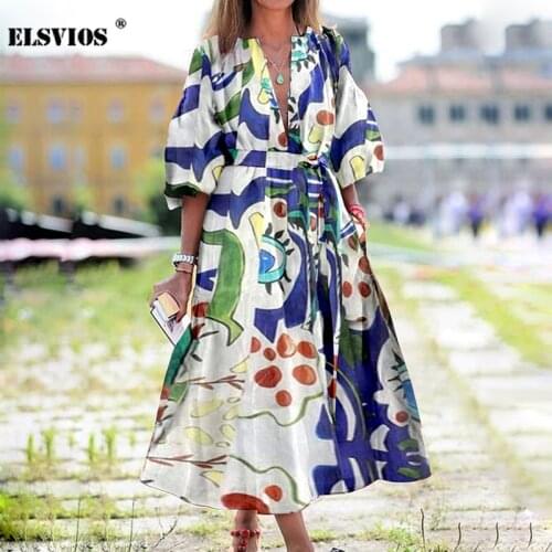 ELSVIOS Vestidos Autumn New Women V Neck Print Dresses Casual Puff Mid sleeves A-line Dress Fashion Loose Elegant Party Dresses