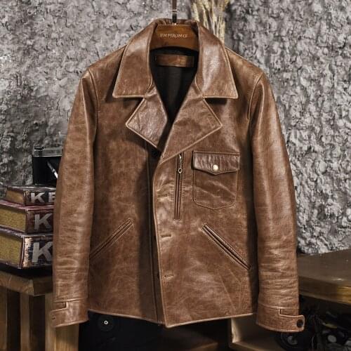 2019 mens vintage oil wax cow leather jacket lapel short motorcycle jacket single breasted brown biker leather coat for male