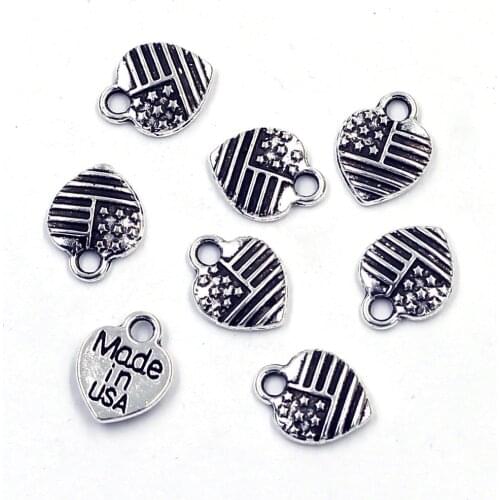 50Pcs Pendants For Bracelets Craft Jewelry Making Accessoris Silver Tone Love Heart Shape America Flag Made In USA DIY Charms