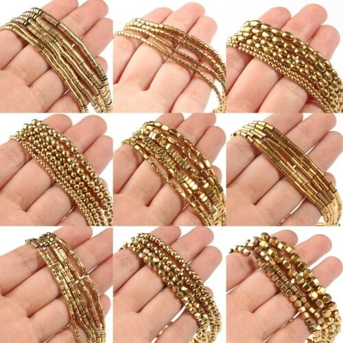 AAA+ Color Retention Gold-Plated Hematite Beads Natural Stone Round Cube Spacer Loose Beads for jewelry Making DIY Bracelet 15