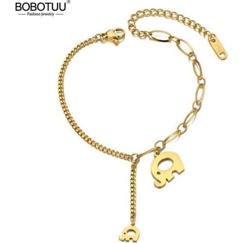 BOBOTUU Bohemia Design Stainless Steel Double Elephant Animal Charm Bracelets For Women Trendy Браслет-цепочка И Звено BB20112