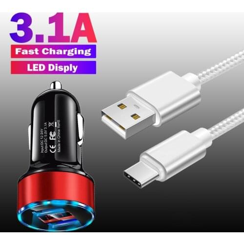 Dual USB LED Display Car Charger 3.1A Fast Charging For Samsung S21 S20 Ultra Xiaomi Mi 10T Pro Honor 10 Lite Nylon Data Cable