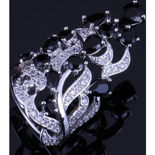 Jolly Huge Plant Black Cubic Zirconia White CZ Silver Plated Ring V0528