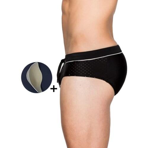 Men Swim Wear Mesh Breathable Panels Sponge Pad with Cup Push Up Sexy Solid Color Black Swimming Suits Swimming Breifs