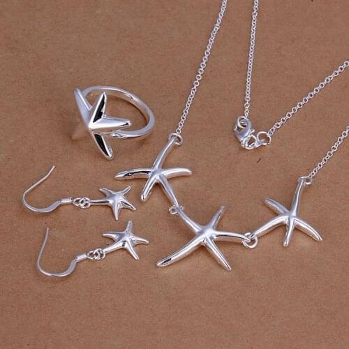 S175 Hot Sale Free Shipping Silver Fine Jewelry Sets,925-Sterling-Silver Charms Fashion Starfish Ring Drop Earrings Necklace