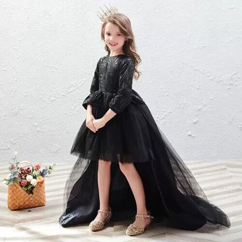 Flower Girl Dresses Illusion Sequined Embroidery Full O-Neck Princess Knee-Length Tulle Lace Luxury Black Kids Party Gown H466