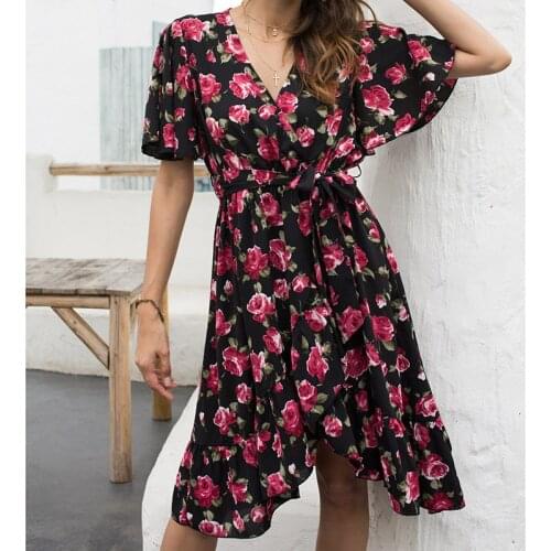 Fashion Women Chiffon Dress Summer 2021 V-neck Floral Print Midi Dress for Women Sexy Elegant High Waist Dresses Vestidos 15078