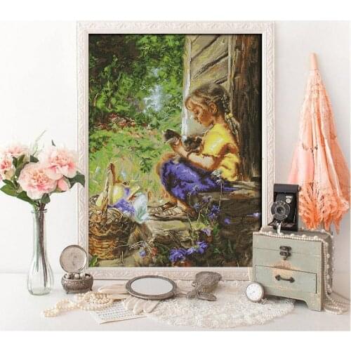HUACAN Cross-Stitch Figure Kits Gift Embroidery Needlework Sets 11CT 14CT DIY Cross Stitch Girl White Canvas Home Decoration
