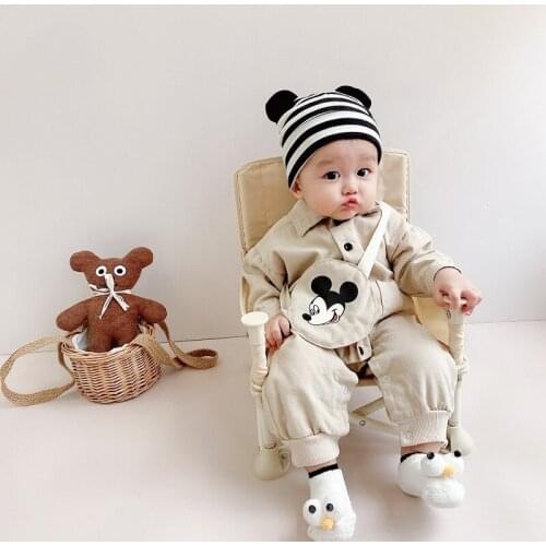 Disney 2021 New Baby Rompers Cute Cartoon Mickey Mouse Baby Clothes Casual Tooling Newborn Boys Girls Soft Bodysuit With Bag