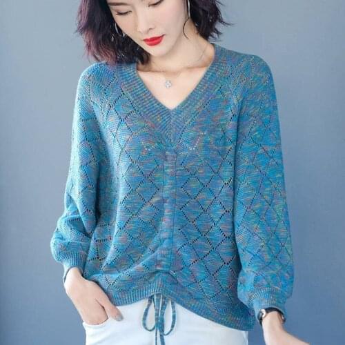 2021 Spring And Autumn New Fashion V-neck Pullover Sweater Womens Mixed Color Loose Casual Thin Knitted Sweater Top Female e024