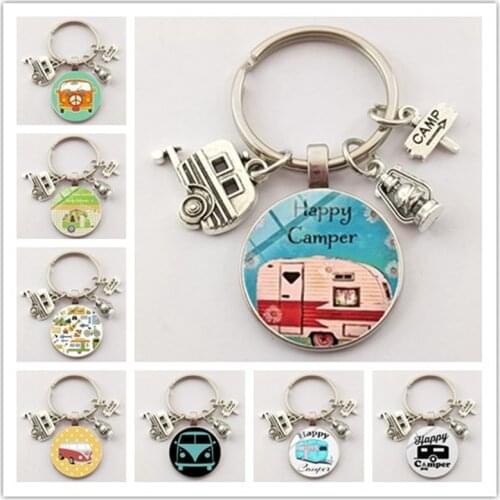 New Super Good Travel Bus Travel Car Road Sign Cartoon Bus Charming Keychain Convex Round Glass Keychain Jewelry