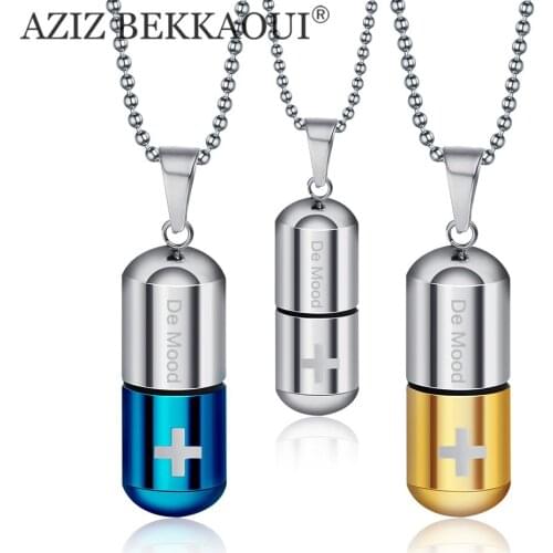 AZIZ BEKKAOUI Stainless Steel Medicine Pill Shape Pendant Necklaces for Women/Men Blue/Gold/Silver Color Perfume Bottle Pendants