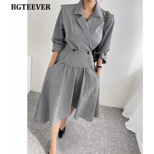 BGTEEVER Vintage Plaid Summer Women Dress 2021 Autumn Slim Waisted A-line Dresses for Women Chic Maxi Vestidos femme