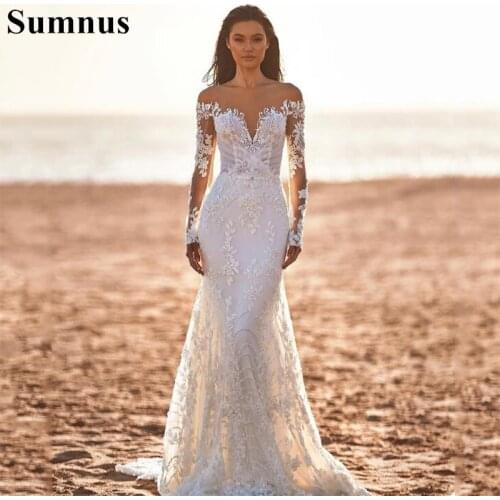 Sumnus Mermaid Wedding Dresses Lace Appliques Tulle Bridal Gowns with Train Long Sleeves Vintage Wedding Gowns 2021