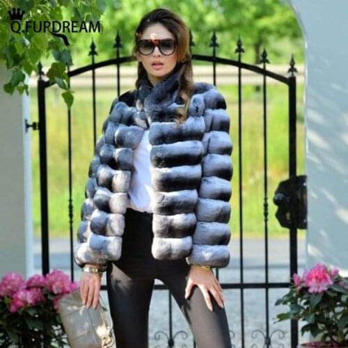 Q.FURDREAM Short Rex Rabbit Fur Coat Women Winter Warm Jackets Natural Chinchilla Color Rex Rabbit Fur Coats Thick Outerwear