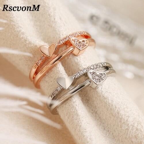 Rhinestone Wedding Party Jewellery Double Heart Ring For Women Adjustable Hollow Out Silver Color 2019 Crystal Pave Bague Bijoux